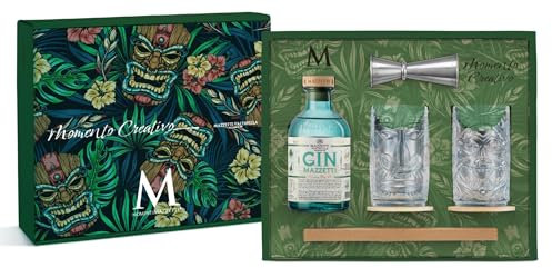Confezione Gin Mazzetti, 500ml, con 2 Bicchieri Tiki, 2 Sottobicchieri, Jigger e Cannucce in Metallo