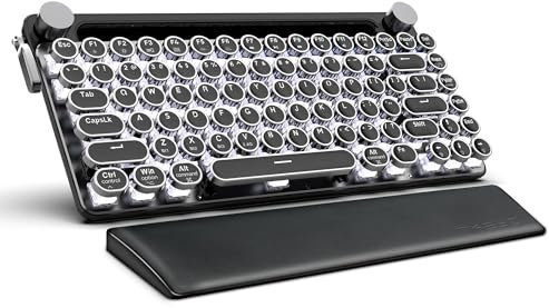Retro Tyepwriter Gaming Keyboard Mechanical Blue Switch, Bluetooth and Wired Connection Ways, Removable Wrist Rest, 14 Mode+ White Backlight, Portable Old School Keyboard for Computer IPAD Laptop
