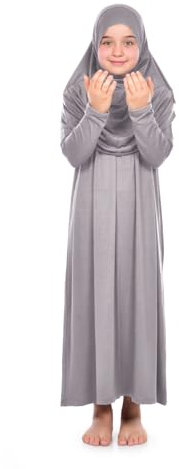 ihvan online Einteiliges muslimisches Kleid für Mädchen Langarm islamisches Gebetskleid mit Kopfschal für muslimische Mädchen Jilbab Hijab Muslim Girls Mode Abayas Größe: 8-12 Jahre, Grau