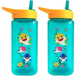 Baby Shark Water Bottle, 6M+ BPA Free 2 Pack 420ml Straw Sipper for Toddlers, Reusable Non Spill Flip Up Yellow Green Kids Lightweight School Nursery Bottle