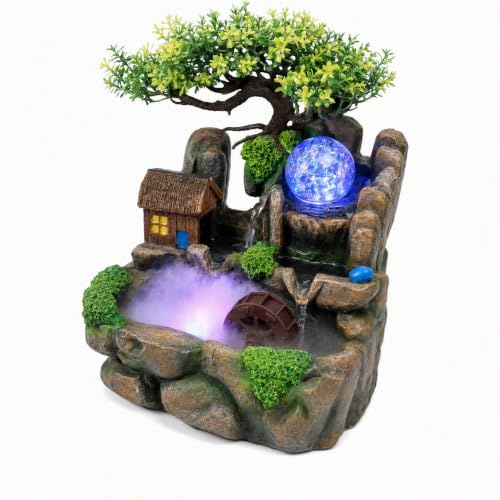 WOLEGM Fontana da interni con LED, fontana da tavolo a cascata con nebulizzatore colorato, per interni, soggiorno, camera da letto, ufficio, caffetteria, decorazione soggiorno