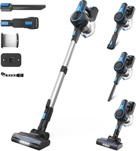Aspirateur sans Fil, Aspirateur Balai sans Fil Puissant, 45Min Autonomie, Batterie Amovible Rechargeable, Capacité 1.2L, 6 en 1 Aspirateur sans Sac Léger pour Poils Animaux Sol Dur Tapis Voiture