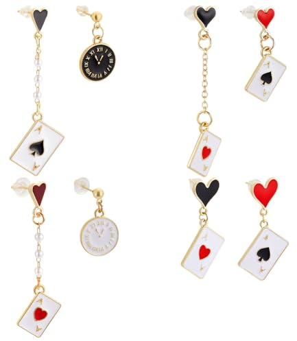 UNICRAFTALE 4 Paar Spielkarten Ohrringe Für Damen Lange Poker Ohrstecker Rote Herzen Und Schwarze Pik Ohrringe Mit Einem Ass als Spielkarten Ohrring Für Casino Halloween Geschenk