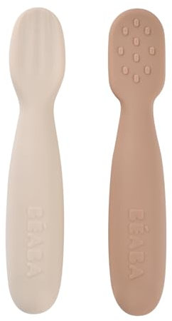 BÉABA, Lot de 2 cuilleres bebe 1er age, Pré-cuillères en Silicone, Couverts Bébé, Dès 4 Mois, Forme Ergonomique, Textures Différentes, Manche Ergonomique, Pralin/Argile