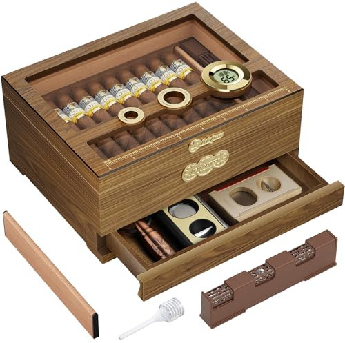 LIHTUN Zigarren Humidor, Glas Top Desktop Humidor Box, Zigarren Geschenke für Männer, Zedernholz Zigarrenkoffer mit Digital Hygrometer, Luftbefeuchter, Messskala und Zigarren Zubehör Schublade