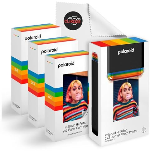 Clikoze Portable Instant Photo Printer Bundle with Polaroid Hi-Print Generation 2 2x3 Pocket Photo Printer, Polaroid Paper Cartridge 60 Sheets Camera Lens Cloth (Black)