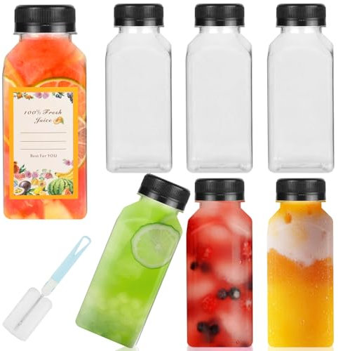 JOYSKY 8 Reusable Plastic Bottles with Lids 250ml Juice Bottles Includes 12 Stickers to Personalise 1 Bottle Brush for Easy Cleaning Durable & Leak Proof Design Ideal for Home Gym or Office