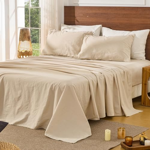 Bedlifes 100% French Pure Linen Sheets Queen Size Breathable and Cooling Flax Sheet Set Soft Durable and Moisture Wicking 16 Inch Deep Pocket-4 Piece(Queen,Linen)