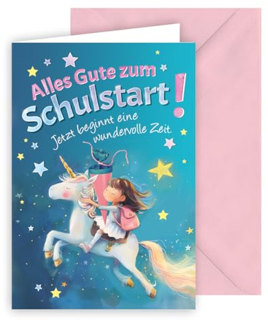 KE - Zauberhafte Glückwunschkarte zur Einschulung eines Mädchen, Märchenhafte Karte zum Schulanfang, inklusive Umschlag Format B6, Motiv: Einhorn, Sterne - Schulstart
