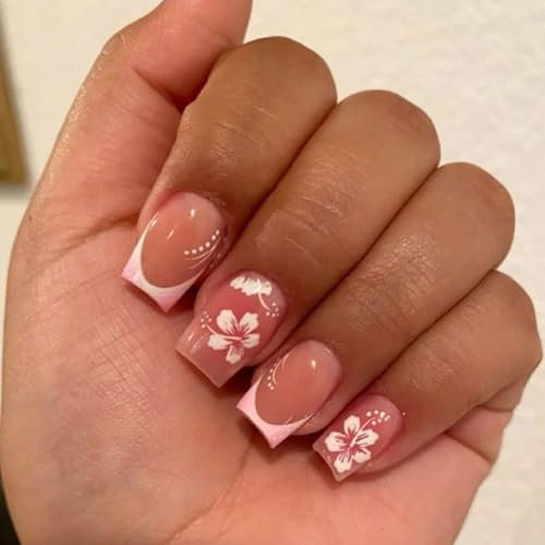 Ceboic Pink Press on Nails Short Square, White Flowers French Tip False Nails, Glossy Floral Acrylic Fake Nails Set, Removable Elegant Gel Stick on Nail for Women Daily Party Wedding Wear