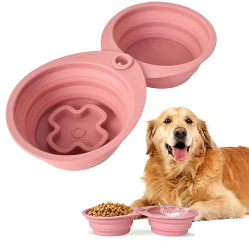 Luxvara Bol Pliable pour Chiens et Chats, 2 en 1 Gamelles de Voyage en Silicone pour Chien Chat, Gamelle Retractable Chien, Bol Silicone Alimentaire pour La Marche, Les Voyages (Rose)