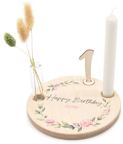 GRAVURZEILE Bedruckter Geburtstagsteller aus Holz - Blumenkranz V2 - Personalisiert mit Name - inkl. Kerzenhalter, Glasvase & Zahlen 0-9 - Geschenk für Baby & Kinder zum Geburtstag - ⌀ 16,5 cm