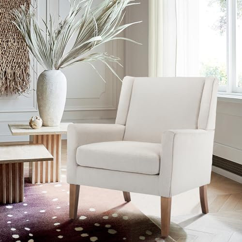 COLAMY Sessel Wohnzimmer, Leinen Ohrensessel –Moderner Polsterstuhl mit Holzbeinen (136kg),Bequemer Loungesessel für Wohnzimmer, Leseecke & Homeoffice, Beige