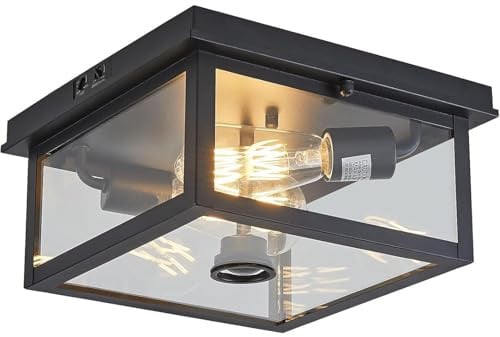 E27 Retro Deckenlampe 2 Flammig Deckenleuchte mit Bewegungsmelder Quadrat Flurlampe Schwarz Industrial Deckenbeleuchtung mit Klares Glas Innen Beleuchtung für Flur Balkon Esszimmer (Ohne Glühbirne)