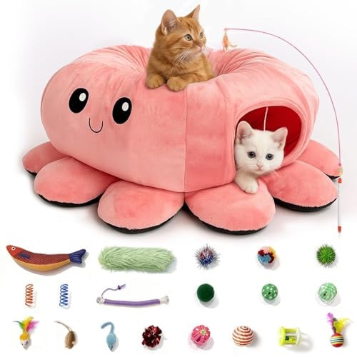 VIEFIN Cat Tunnel Bed with 20 Cat Toys, Kitten Toys for Indoor Kittens,Pink