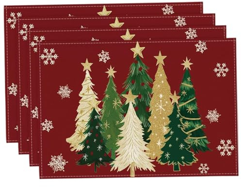 Christmas Placemats Set of 4 12x18 Xmas Trees Snowflakes Christmas Table Mats Seasonal Winter Holiday Placemats for Party Kitchen Dining Decoration Place Mats Table