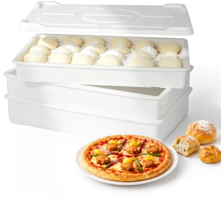 HAKKA 22.8L Dough proofing box with Lid,3 Pick Pizza Dough Box(60x40x9.5cm),Bread Dough Tray for Bakery & Pizzeria Use,Holds Up to 15 Dough,Stackable Bread Plastic Storage Box (white(3Boxes+1Lid))