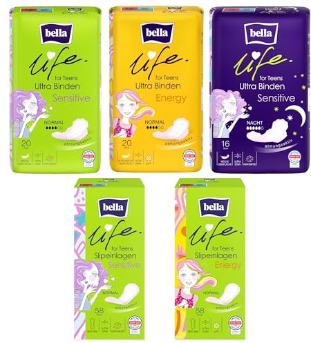 bella life for teens Erste Periode Box 172 Stück Starterset für Mädchen Binden Slipeinlagen Sensitive Energy Geschenk