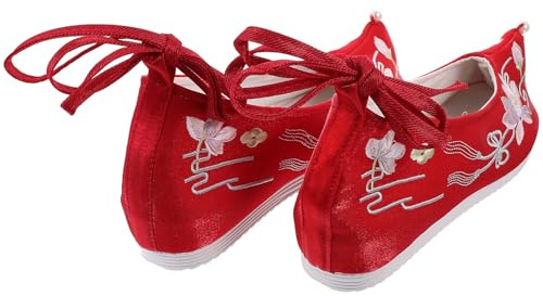 Toyvian Women’S Embroidered Hanfu Shoes Hidden Wedge Heel, Red Cloth Chinese Style Footwear, Spring Summer Vintage Pointed Toe Slip-On Shoes UK Size 36