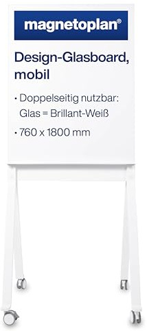 magnetoplan Design-Glasboard, mobil, Weiss | Whiteboard magnetisch | Mobile Schreibtafel, doppelseitig | Magnettafel groß | Magnetwand auf Rollen | Hochwertige Glasoberfläche | BxHxT 760x1800x600mm | Mobil, magnethaftend, BxH 760 x 1800 mm, weiß