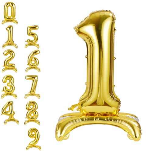 APXEL Ballon d'Anniversaire 1 Or, Foil Ballon Numéro Chiffre 101cm, Ballons Debout Gonflable Hélium, Deco Anniversaire 1 Ans Grand Ballons avec Base pour Fête Party Mariage