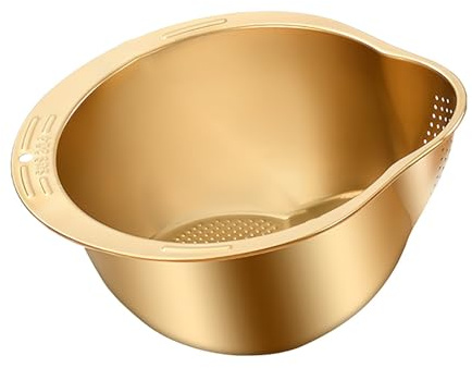 Kivivaka für Edelstahl Reis Waschschüssel mit Sieb - 4 in 1 Abtropffläche Reis, Bohnen, Obst und Gemüse, Gold Golden