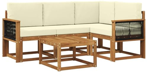 vidaXL Outdoor-Sofagarnitur mit Kissen 5 pcs Natur und Creme Polyester, Gartenmöbel, modernes Loungesofa, Eckset für die Terrasse, Robustes Sitzmöbel für drinnen und draußen