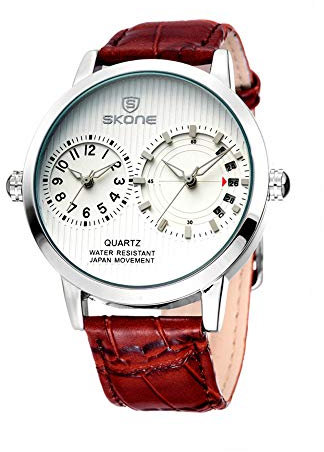 FENKOO Herren-Business-Stil Zwei Zeitzonen Lederband Quarz-Armbanduhr (farbig Sortiert)
