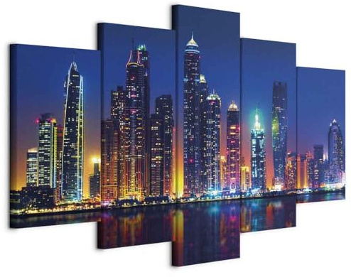 B&D XXL - Wandbilder XXL Dubai 100x50cm 5 tlg - Wand Deko Leinwand Bilder Groß Wanddeko Wohnzimmer Schlafzimmer Kunstdrucke - City Stadt Nacht d-C-0024-b-o