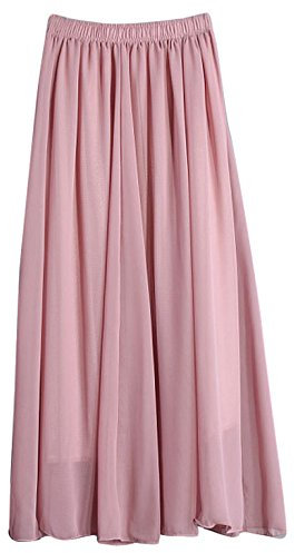 FEOYA Damen Doppelte Schicht Chiffon Rock Strandrock Einfarbig Plissee Maxirock Elastischer Taillen Langer Rock Faltenrock Sommerrock - Altrosa