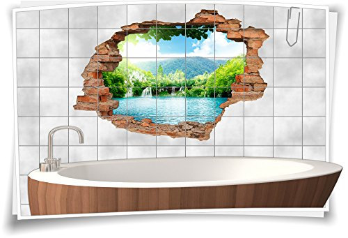 Medianlux Fliesenaufkleber Fliesenbild Fliesenaufkleber Wanddurchbruch See Wasserfall Bad, 105x70cm, 15x20cm (BxH)