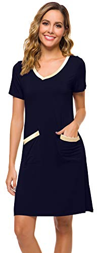 WiWi Chemise de nuit en viscose de bambou douce pour femmes, chemises de nuit à manches courtes, vêtements de nuit pour femmes, pyjama de taille S à 4X, bleu marine, XL