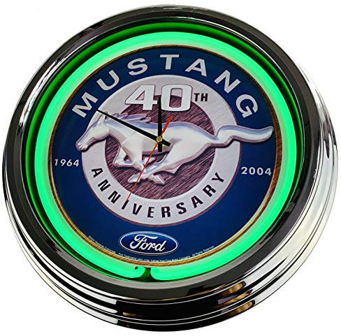 Neon Clock Mustang 40th WallClock Deko-Clock LeuchtClock USA 50's Style Retro NeonClock Dining Room Kitchen Living Room Office (Green)