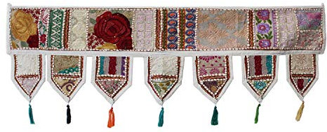 Indian Handmade Traditional Embroidered Toran Cotton Thoranam Door Living Room Decor Bandanwar Home Valance Decorations Window Hanging Bohemian Wall Ethnic Decorative Vintage (Off White, 1 mtr)