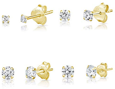 DTPsilver® 4 PAIRES lot boucles d'oreilles femme argent 925 - MINI/Petits Clous Puces, Plaqué Or Jaune et Oxyde de Zirconium Ronds - Diamètre: 2, 3, 4, 5 mm - Blanc/Clair CZ