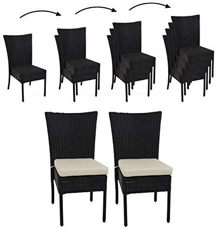 Mendler 2er-Set Poly-Rattan Stuhl HWC-G19, Balkonstuhl Gartenstuhl, stapelbar - schwarz, Kissen Creme
