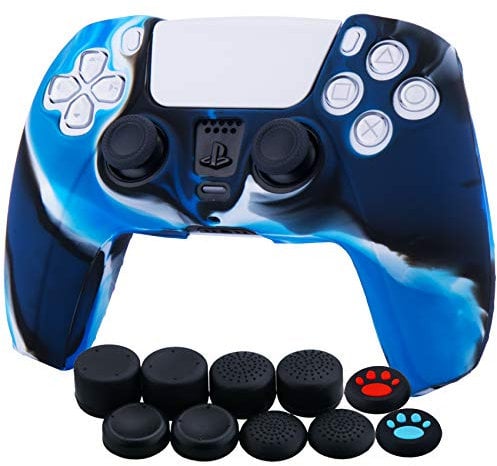 YoRHa Housse Coques Autocollants en Silicone Skin Cover pour PS5 Dualsense Manette (Bleu Camouflage) x 1 avec Prises de Pouce x 10