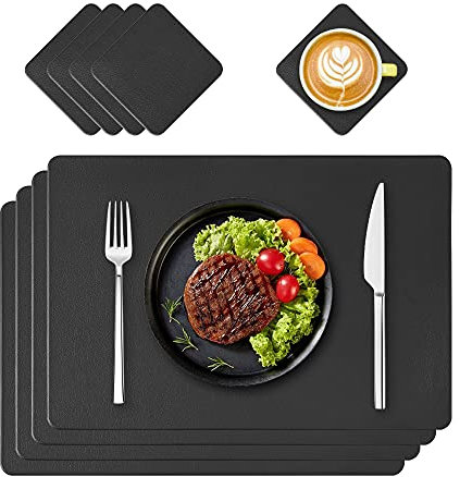 Oinvs Placemats PU Leather Place Mats and Coasters Black Sets of 4 Christmas Placemats Washable Waterproof Table Mats 45x30cm, Suitable for Kitchen Indoor Outdoor Dining Table Restaurant