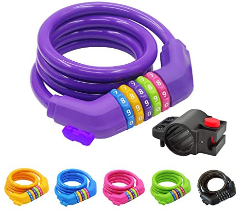 GOLDPOOL Fahrradschloss für Kinder, Zahlen-Code-Kombination-Kabel-Schloss, bunt, 120 cm x ∅12mm Stahlseil ummantelt (Violett)