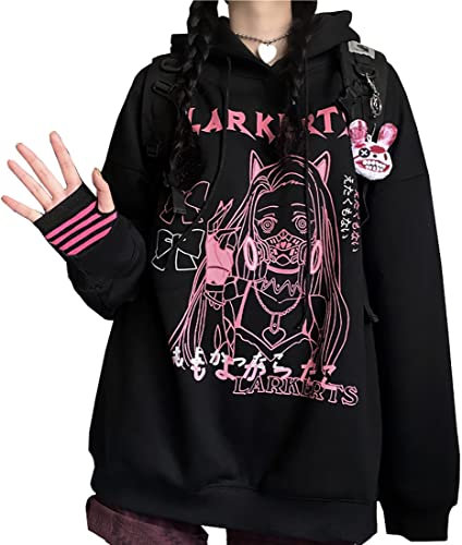 YINGKE Women's Japanese Cute Kawaii Anime Pattern Hoodies Girls Harajuku Style Pullover Sweatshirt(L,Black)