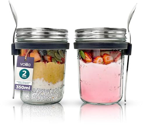 volila Overnight Oats Gläser - (2 Stk. à 350ml) Overnight Oats Behälter mit Deckel - Müslibecher to Go Glas für Overnight Oats, Joghurt und Salate - Gläser für Overnight Oats mit Rezepten und Löffel