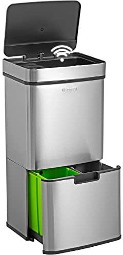 Homra® Nexo Cubo de Basura de Reciclaje Vertical – Cubo de Basura de Acero Inox con Sensor Automático – Cubo de Reciclaje de 3 Compartimentos +1 – Cubo de Basura de Cocina para Separación de Residuos