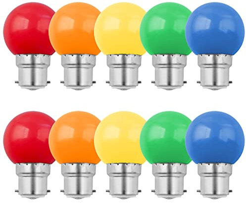 Lot de 10 ampoules LED colorées B22 à baïonnette 1 W G45 Couleurs Ampoule balle de golf Couleurs mélangées Rouge Bleu Vert Jaune Orange Atmosphère Décoration pour Extérieur Intérieur String Mariage