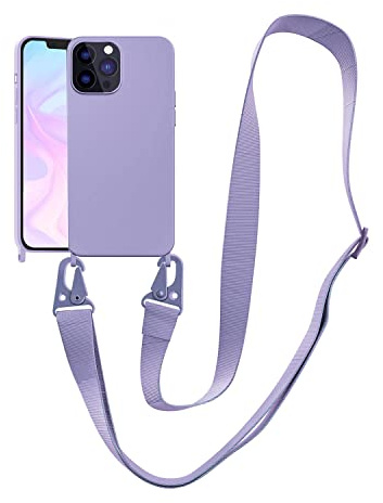 Handykette Handyhülle kompatibel mit Apple iPhone 14 Necklace Hülle Nylon Schultergurt Weich Silikon TPU Cover mit Kordel zum Umhängen Schutzhülle mit Stylische Band(Lila)