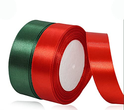 Geschenkband Weihnachten 25mm Rot und Grün Xmas Satinband 2 Rollen/45 Meter Breit Schleifenband Stoffband für Geschenkverpackung, Weihnachtsbaum Dekoration, Weinachts Dekoration