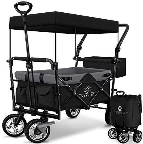 KESSER® Bollerwagen faltbar GT9000 Handwagen mit Dach | Transportwagen max. belastbar bis 150kg mit Hartgummi-Räder & Feststellbremsen (Vorne & Hinten) | Inkl. Schloss, Abdeckung, Wetter & Sichtschutz