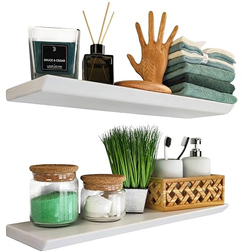 Floating Shelves Set of 2, Hanging Shelf with Invisible Brackets for Bathroom, Bedroom, Toilet, Kitchen, Office, Living Room, Wall Decor Trophies, Bookshelf Rustic|White, 60x16 cm Live Edge