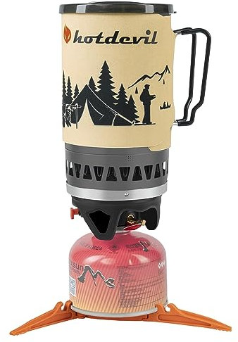 Hotdevil Estufa de camping portátil (1,4 litros), sistema de cocción con encendido piezoeléctrico, mini quemador al aire libre, kit de estufa de propano, ideal para senderismo, pesca, caza, emergencia