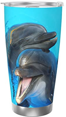 VUCEMI Smiling Face Delfine bedruckt 590 ml Autobecher Edelstahl Reisebecher mit Deckel wiederverwendbar doppelwandig Kaffeebecher auslaufsicher tragbar Thermobecher