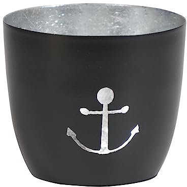 Seaside No.64 - Maritime Windlichter Baltic aus Metall mit ausgestanzten Motiven - Verschiedene Farbkombinationen für Teelichter & Stumpenkerzen in Haus und Garten (Anker - schwarz, Silber)